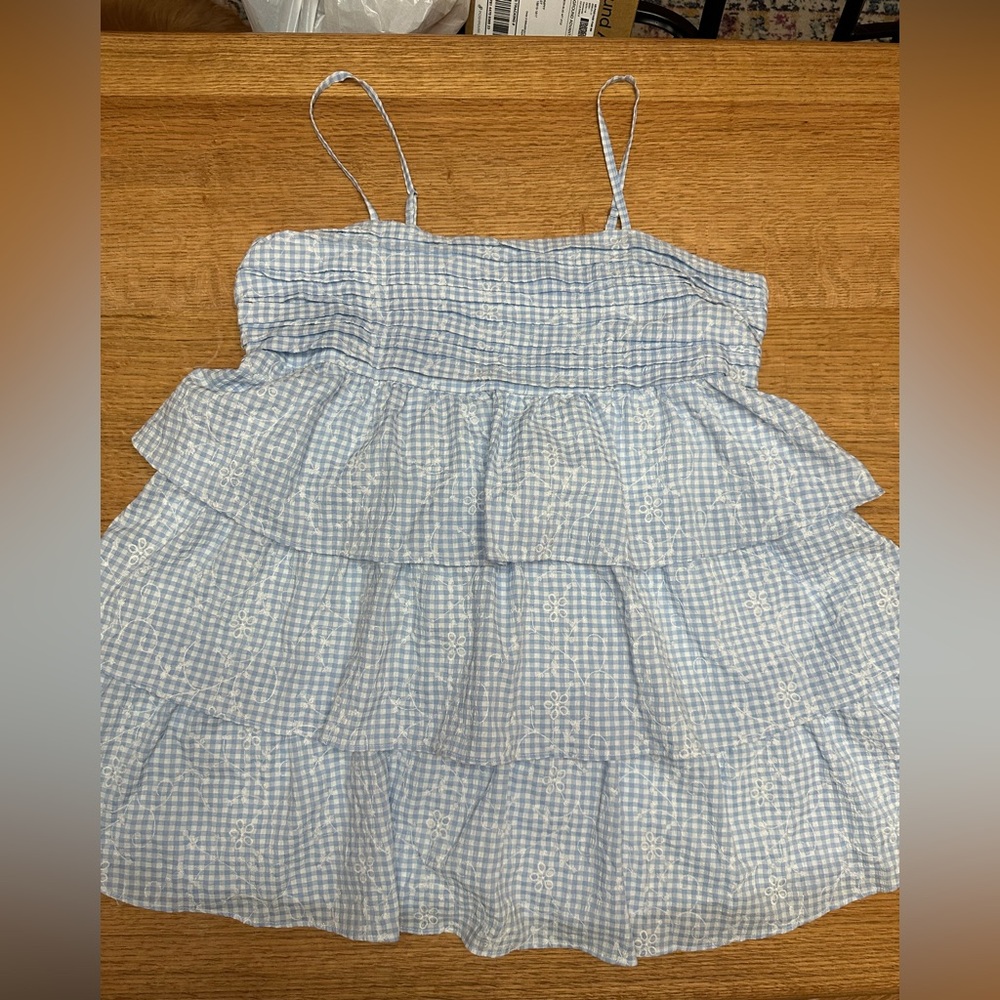 Arula Altar'd State NWOT gingham embroidered tiered mini dress 0X, 20" Ptp - Picture 2 of 9